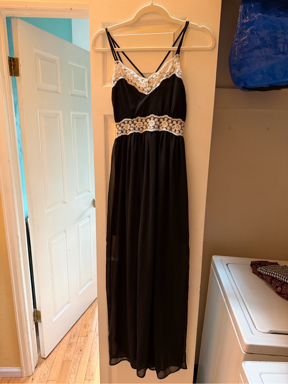 Altar'd State Black Maxi Dress with Cream Lace Accents